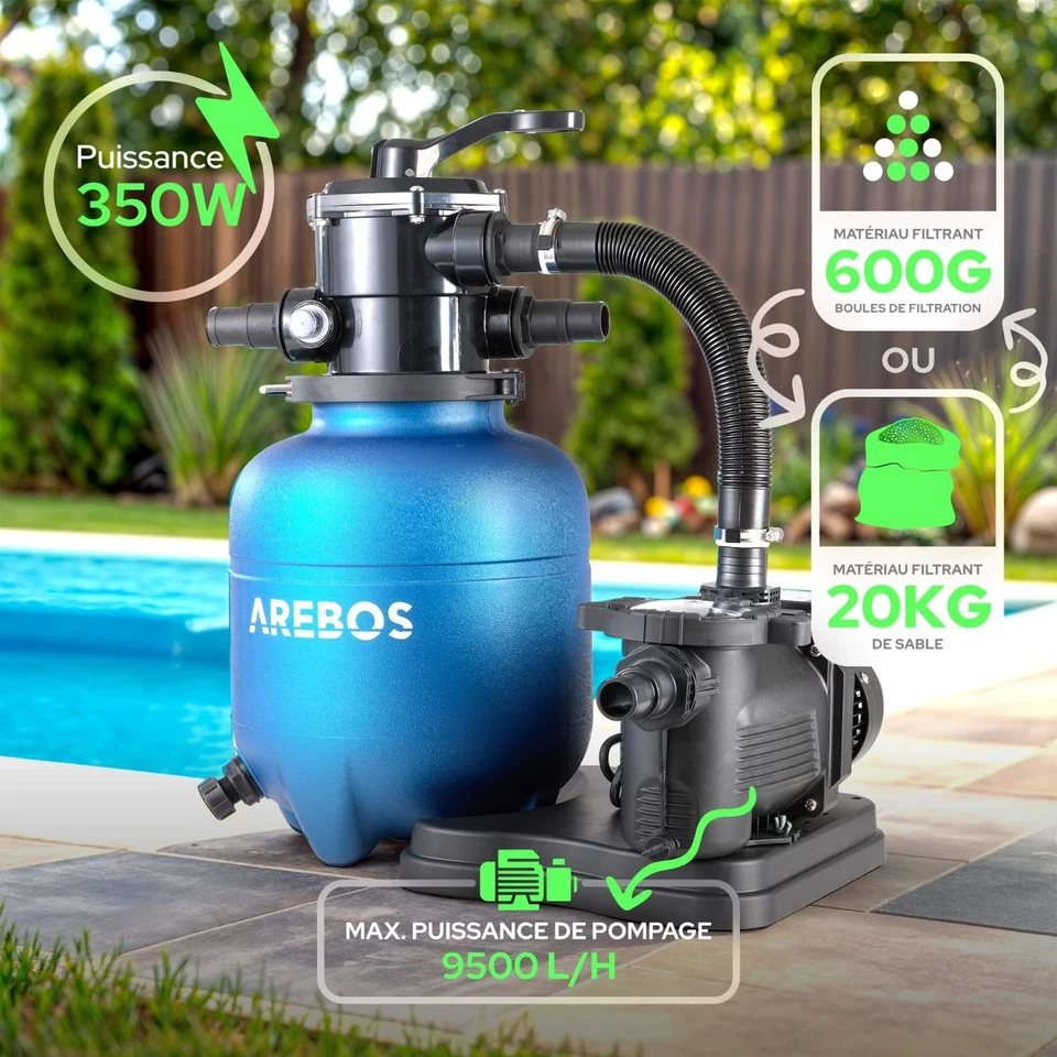AREBOS Système de Filtre à Sable avec Pompe de 350 W Filtre à Sable Système Bleu - Photo 4/4