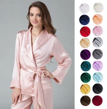 Womens 100% Mulberry Silk Pajama Set Short Robes & Pyjama Pants Lounge Trousers