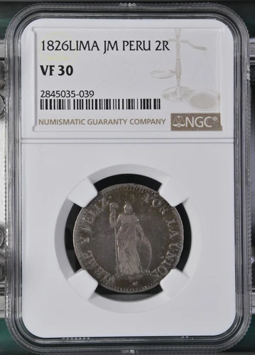 PERU SILVER 2 REALES 1826 LIMA JM NGC VF 30 KM 141.1