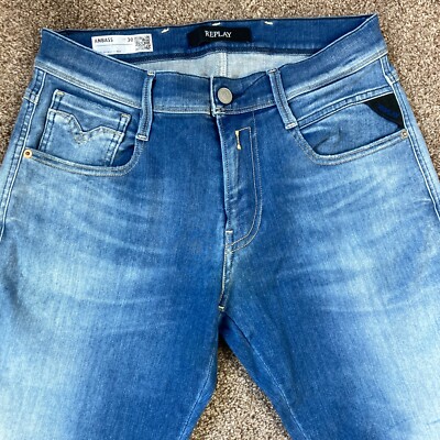Herren Replay M914Y ANBASS Stretch Slim Tapered Blau Jeans W28 L30