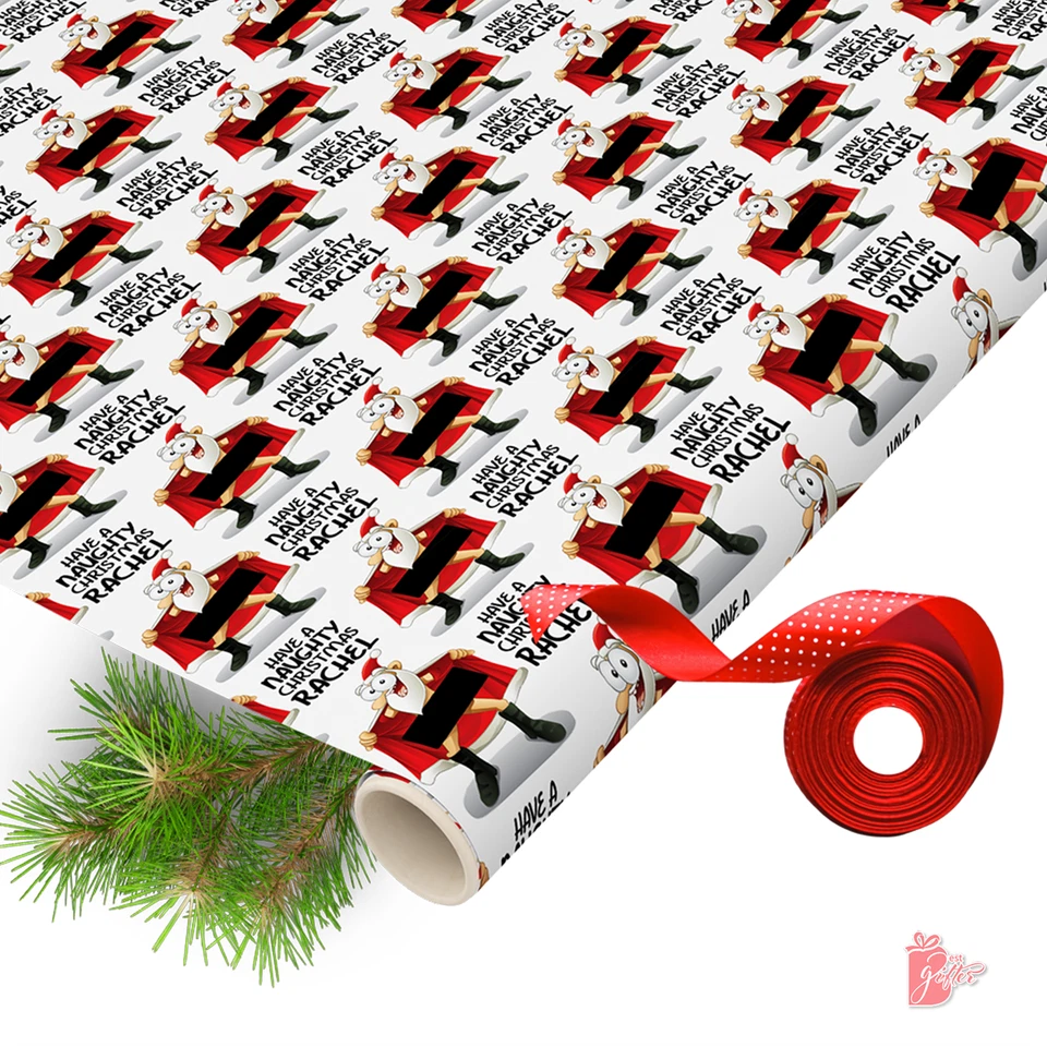 Name Personalized Christmas Gift Wrap Naughty Skinny Santa Custom Wrapping Paper - Image 2 of 4