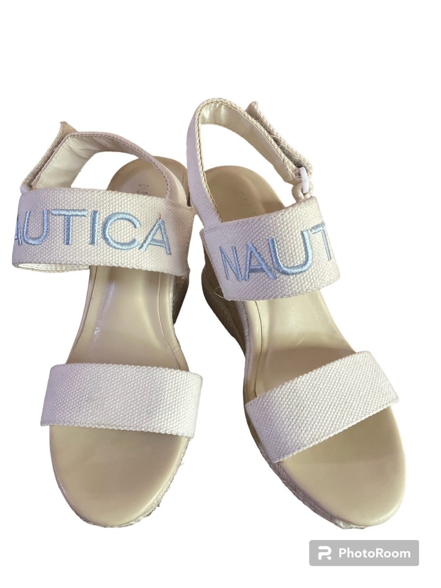 Nautica Shoes Sandals Espadrilles Open Toe Wedge Logo White Strap