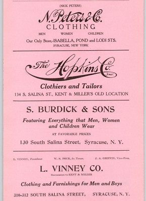 1916 Syracuse NY Clothing Dealers Print Ad N. Peters Hopkins Co Burdick & Sons 