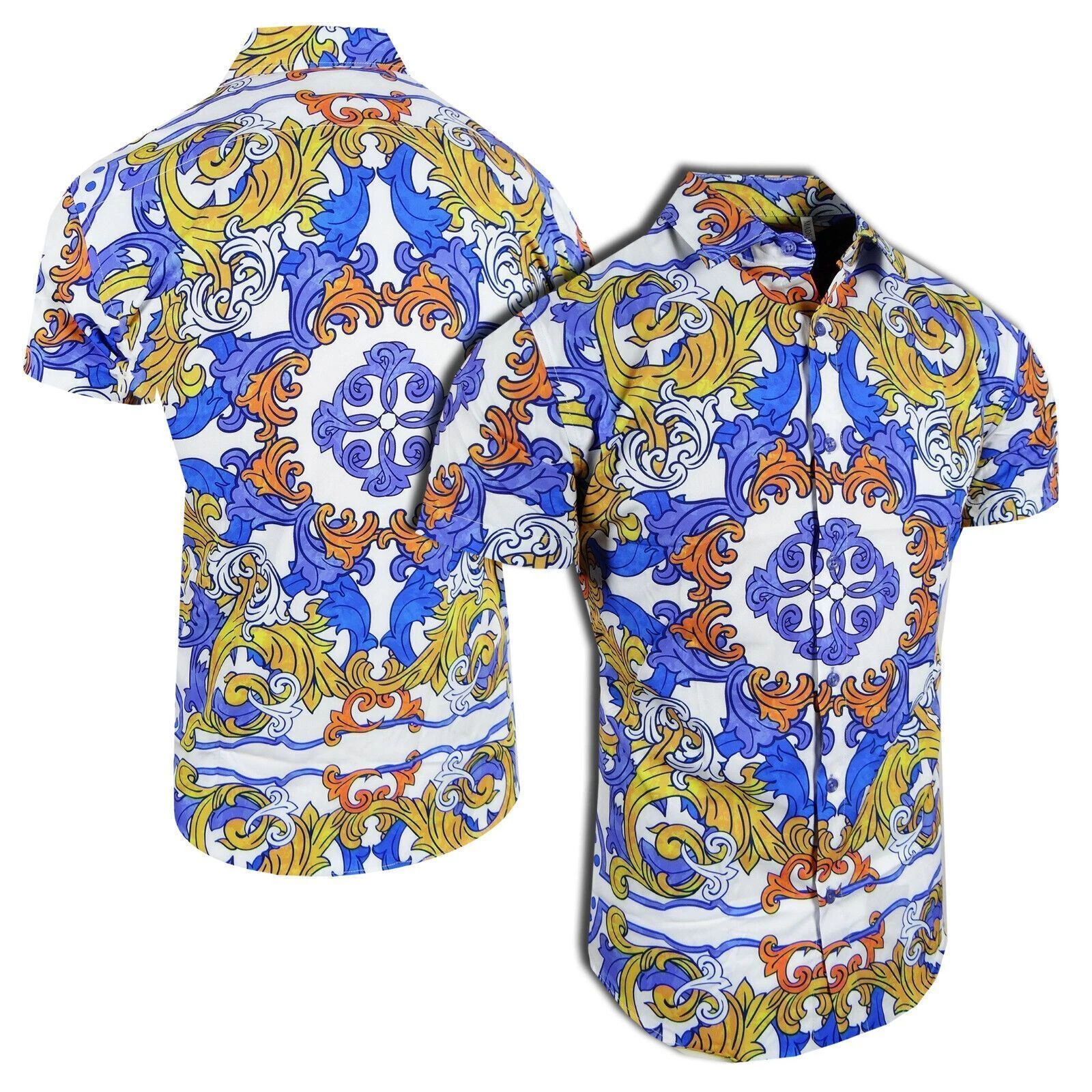 Mens Short Sleeve Shirt Bold Blue Italian Leaf Floral Stretch Slim Fit Button
Opens in a new window