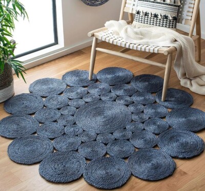 Blue Round Rug Natural Jute Braided Living Area Carpet & Rugs