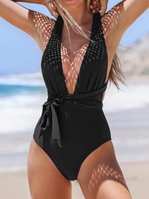 Womens Black One Piece Swimsuit Low Cut Strappy Tie Up By CUPSHE Size XS