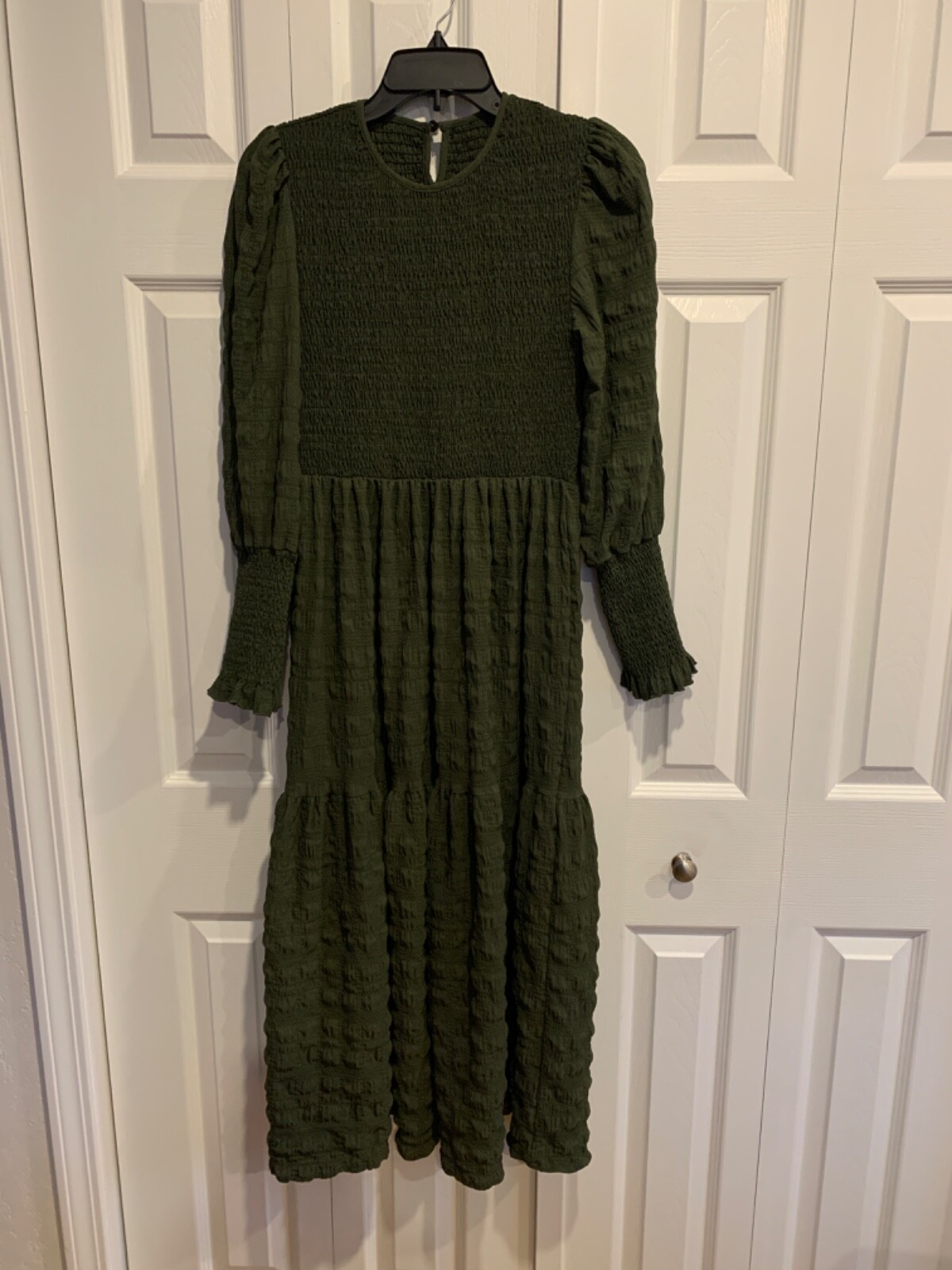 Maxi Dress Olive Green Layered Skirt Sz M Smocked Bodice & Cuffs Prairie Western-image