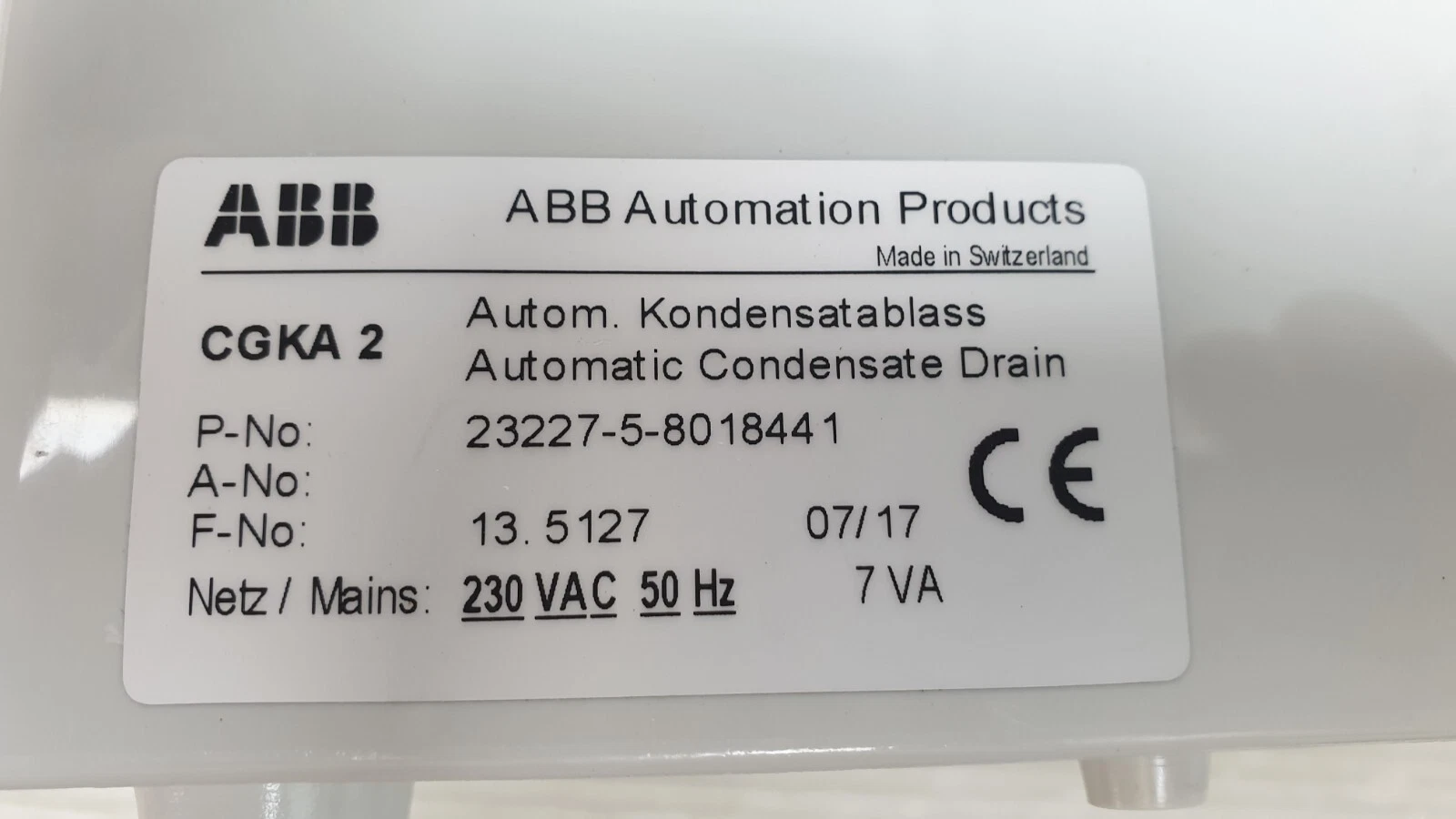 ABB CGKA 2 rating label: P-No 23227-5-8018441, F-No 13.5127, 07/17, 230 VAC 50 Hz