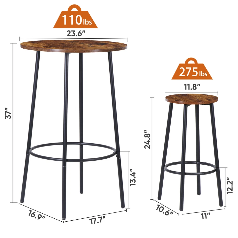 3 Piece Pub Dining Set Round Small Wood Bar Stools Kitchen Table Rustic Brown  - Image 3 of 4