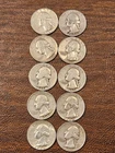 90% Silver Washington Quarters Lot of 10 1940s-1950s Dates Circulated