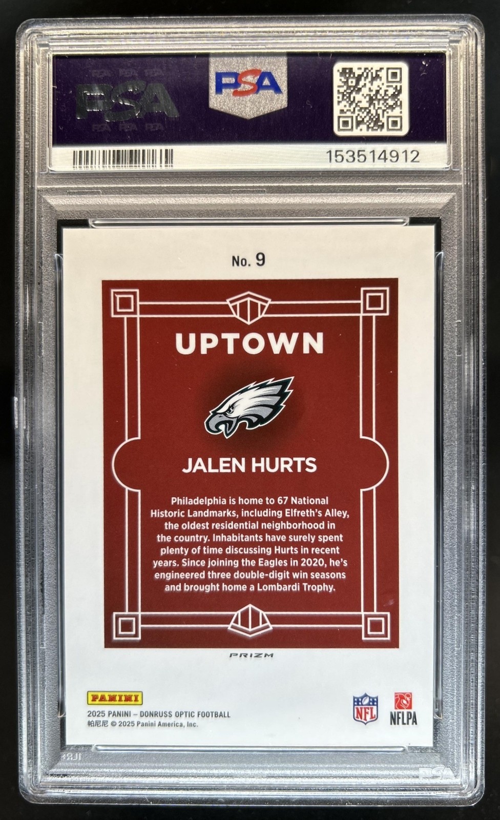 2025 Panini Donruss Optic Jalen Hurts Uptown #9 Eagles PSA 8 view 2