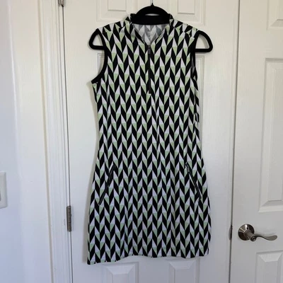 Schwanz ärmelloses sportliches Golfkleid geometrisches Muster Viertel Reißverschluss Taschen klein gebraucht, in einwandfreiem Zustand - Bild 1 von 4