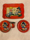 Vintage 1940's-50's Ohio Art Tin Litho Tea Set  Girl Boy Cat 4 Pc Toys