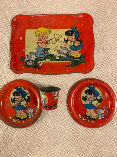 Vintage 1940's-50's Ohio Art Tin Litho Tea Set  Girl Boy Cat 4 Pc Toys
