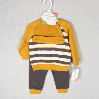 Mini Threads Baby Jungen 3-teiliges Outfit Set 12 Monate senfgelb grau gestreift Neu mit Etikett