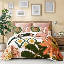 3 Piece Boho Floral King Size Quilt Sets Farmhouse Botanical Reversible Lightwei