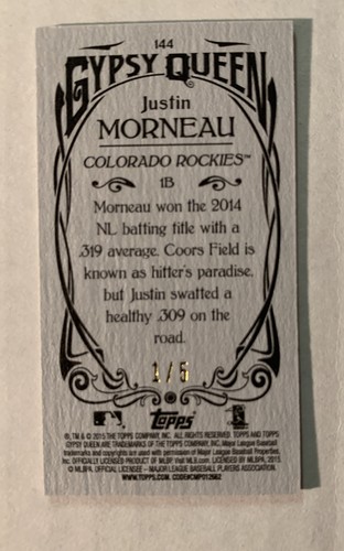 JUSTIN MORNEAU 2015 Topps Gypsy Queen Mini 144 Black/Red Variation #d 1/5 SSP - Picture 2 of 2