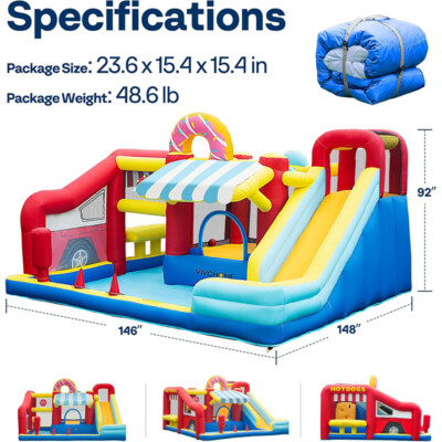 Inflatable Bounce House Bouncer for Kids w/ Toy Market Stand & Slide 450W Blower
