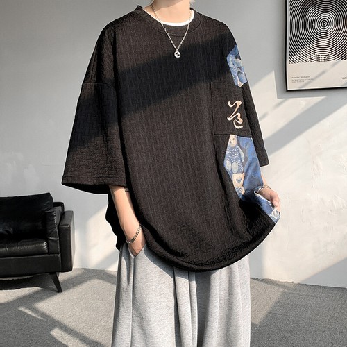 Summer Loose Mens Half Sleeve Round Neck T Shirt Oversized Splicing Tops Fashion - 第 4/21 張圖片