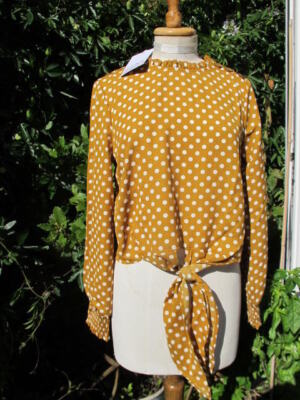 Ginger polka dot blouse TOP neck frill tie front feat cuffs M bnwt vintage style