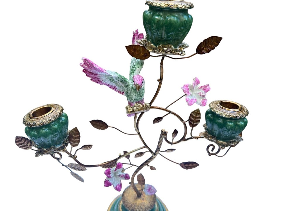 Hand painted Candelabra Candle Holder Gold, With Green florals And Bird