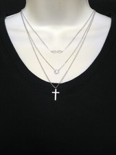 925 Sterling Silver CZ Infinity Disc Cross Layered Necklace Three Layer 15mm 18"