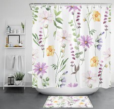 Botanical Green Leaf Purple Wildflower Shower Curtain Set for Bathroom Decor