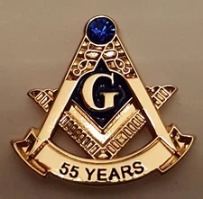 Masonic 55 year service lapel pin Gold blue stone