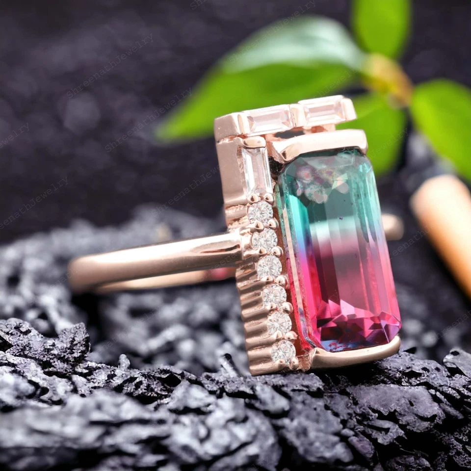 Anillo Promesa Turmalina Sandía Natural Forma Baguette Oro Sólido 9k 12x10MM Foto 2 de 4