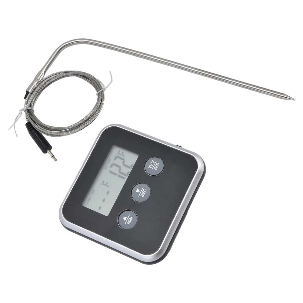 (Black)Meat Thermometer Smart 3 Buttons Digital LED Display Multifunctional O