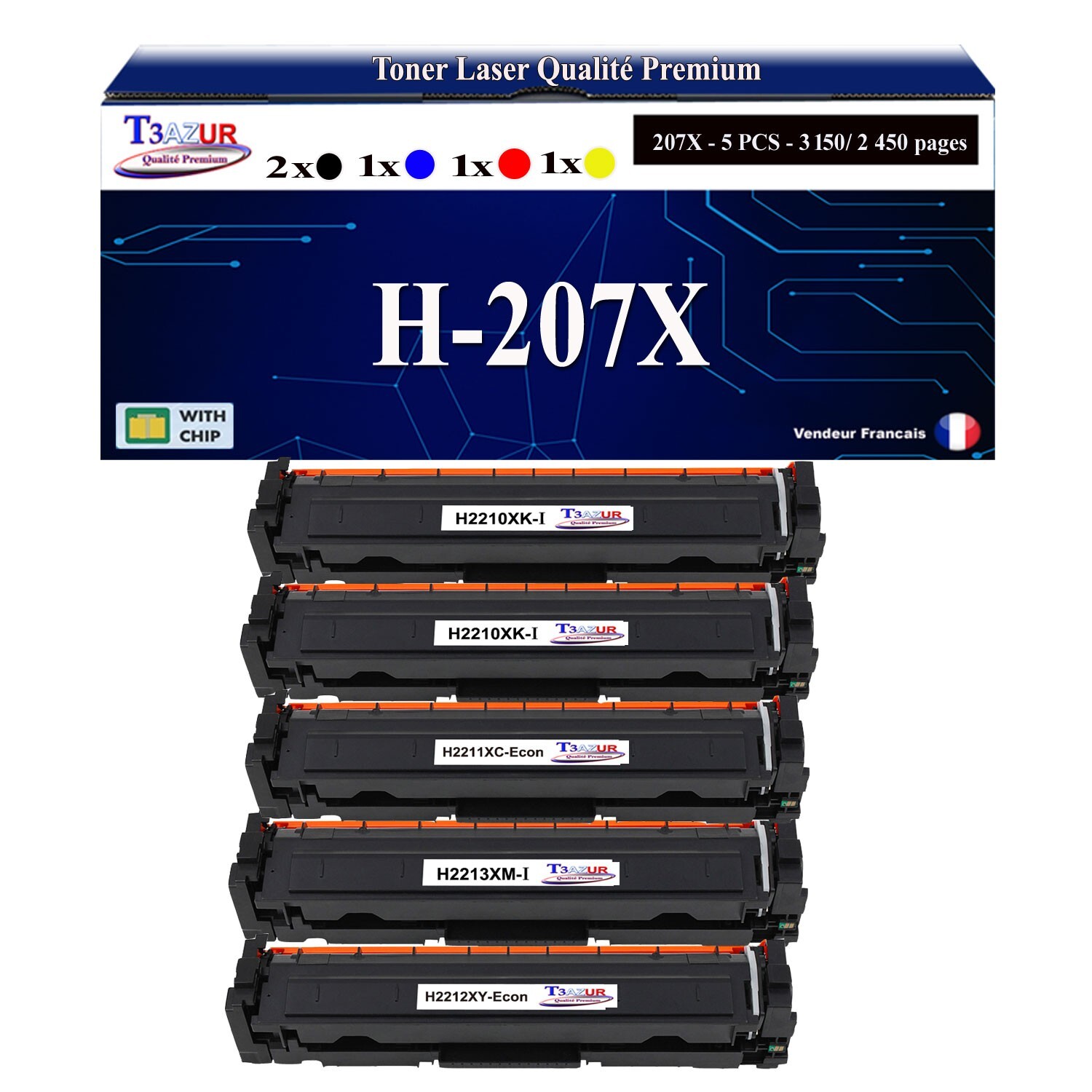 Pack de 5 toners compatibles HP W2210X et 207X haute capacité noir et couleur