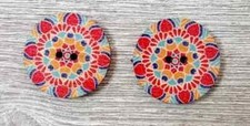 boho flowers wood sewing buttons 2 holes 1 inch (set #1313) 2pc