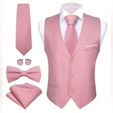 Men s Pink Vest Set Waistcoat Necktie Bowtie Hanky Cufflinks