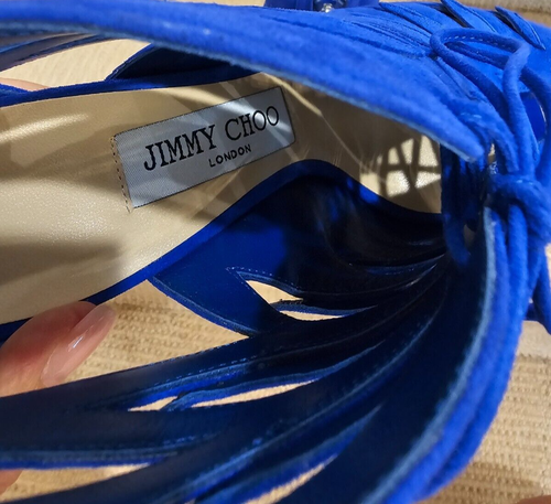 JIMMY CHOO Keena Cutout Suede Lace Up Sandals In Blue - Size 37.5 - Picture 6 of 8