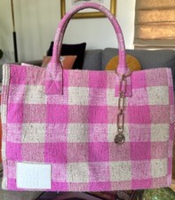 Sandro Canvas Tote Bag Pink Woven Gingham Check Cotton Fabric