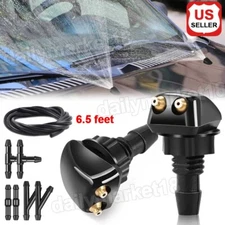 2x Front Windshield Washer Nozzle Wiper Water Spray Jet w/ 6.5ft Hose Connector