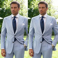 Summer Men's Suit Striped Seersucker Slim Fit 2 Piece Beach Wedding Groom Tuexdo