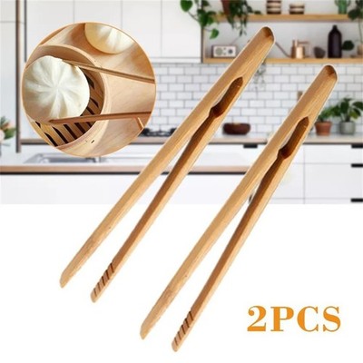 2PCS Pampered Chef 8'' Bamboo Wooden Kitchen Toaster Tongs