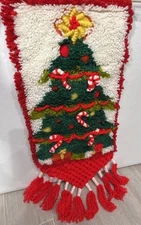 Vintage Finished Latch Hook Christmas Tree Wall Hanging Macrame Holiday Decor