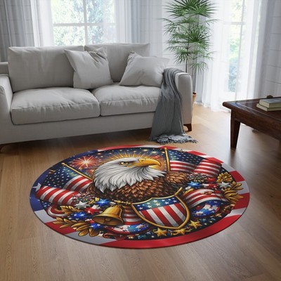 Patriotic Bald Eagle Round Rug | American Flag Shield Stars Fireworks
