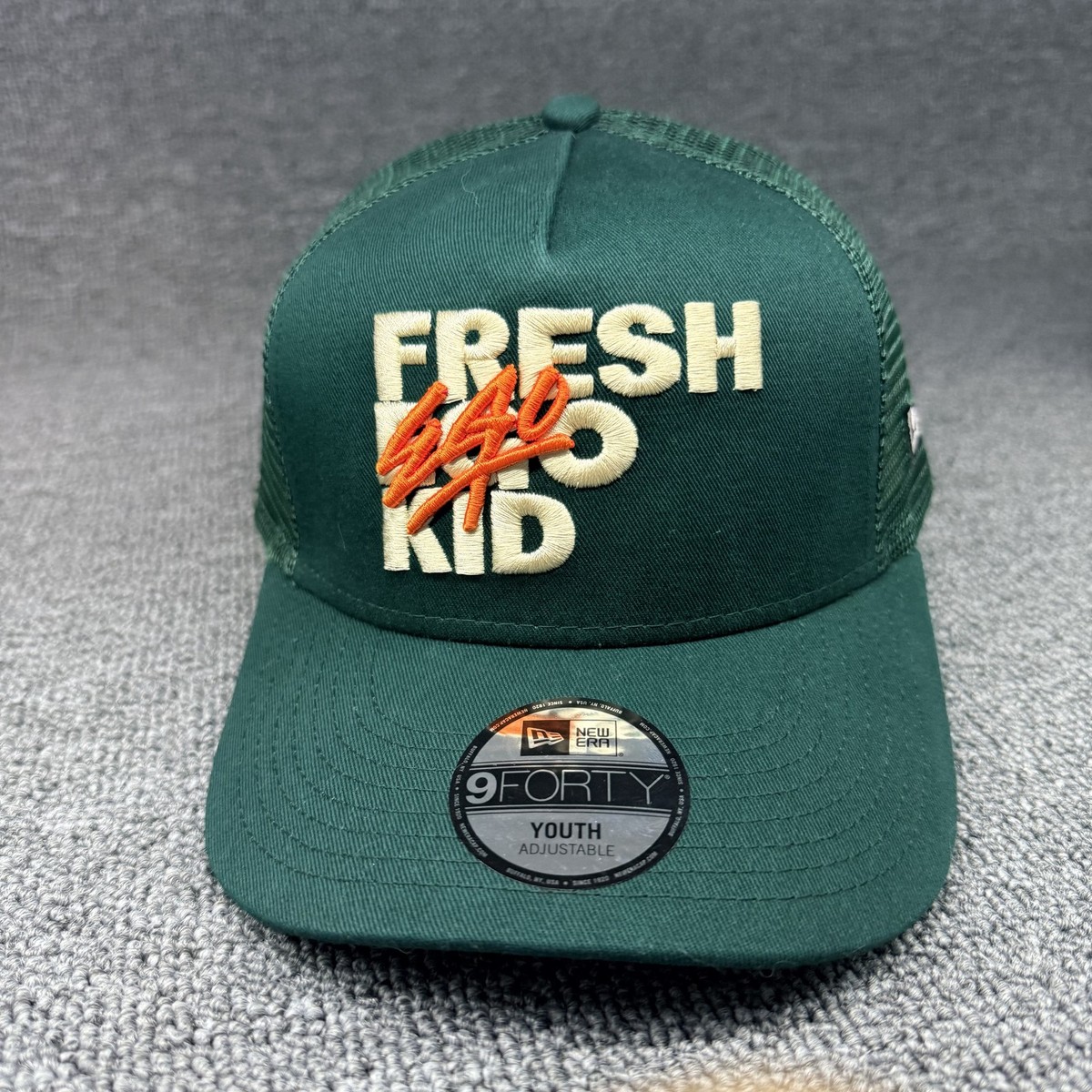 New Era 9FORTY Youth Fresh Kid Trucker Hat Green Mesh Snapback Cap