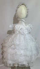 Baby Girl Baptism Dress White Sparkle Lace Outfit w/ Bonnet Sz 1 Made in Mexico