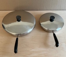 VINTAGE 12" AND 9" REVERE WARE SKILLETS W/ LIDS STAINLESS BOTTOM 1801 USA