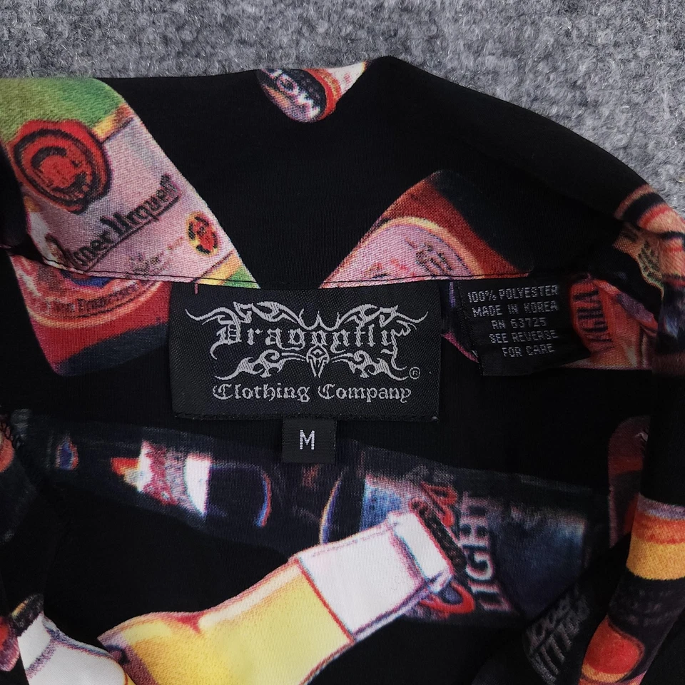 Dragonfly Shirt Mens Medium Black Beer Bottle Print Drinks AOP Button Up Party - Image 4 of 4