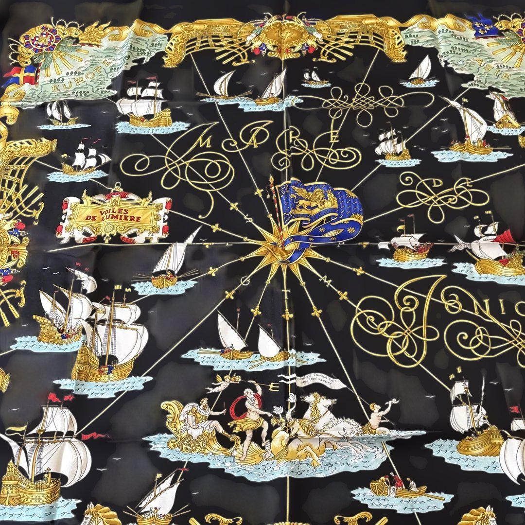 Hermes Silk Scarf Carre90 Sailing Ship of Light Black Unused | eBay