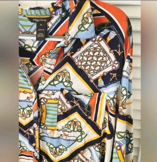 Millennium Mujer’s 1X Bufanda Estampado Cadena Blusa Abotonada Manga Larga Rayón Top Foto 3 de 4