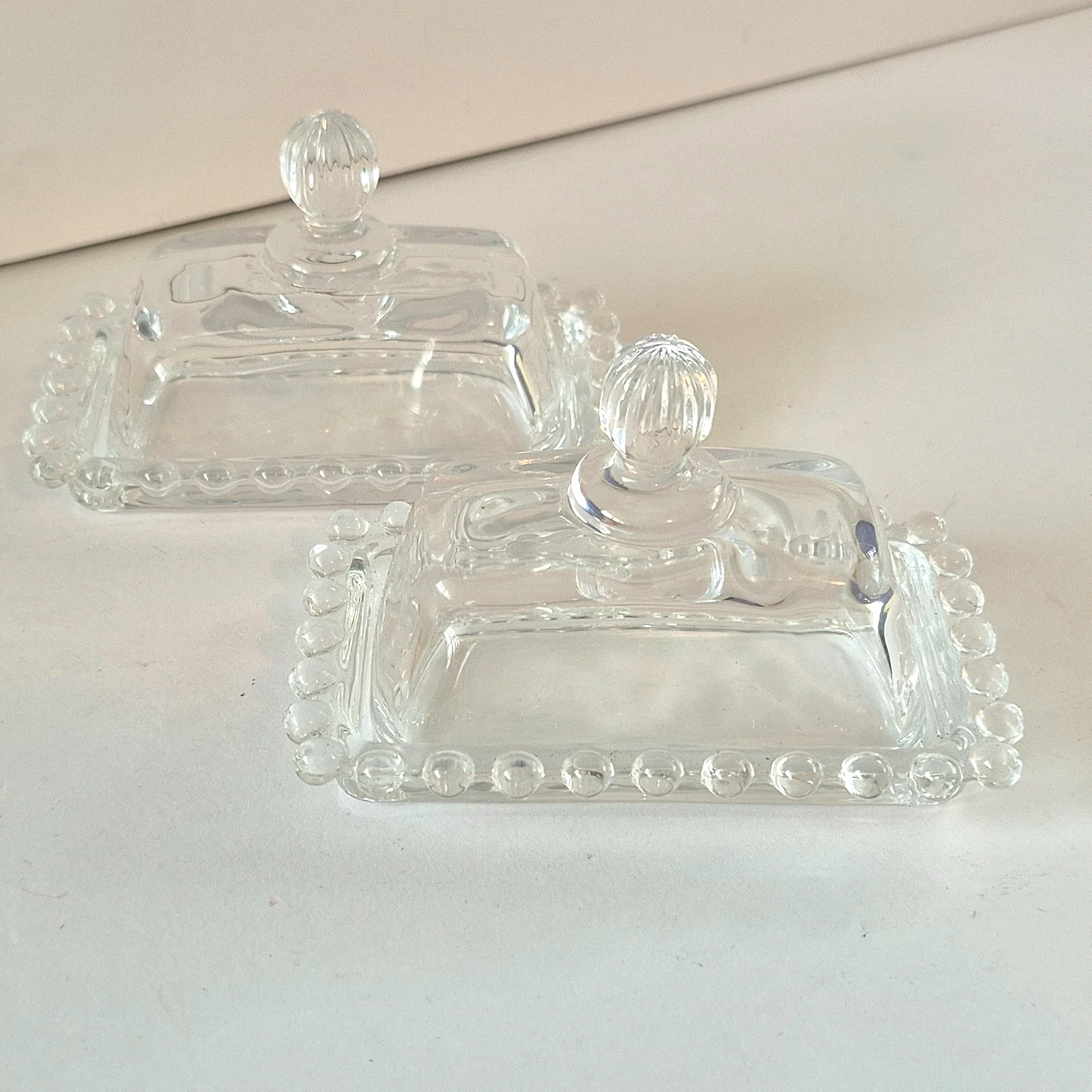 VINTAGE CLEAR GLASS CATALINA BY CIRCLWARE BUTTER DISHES MINI 4" SET OF 2