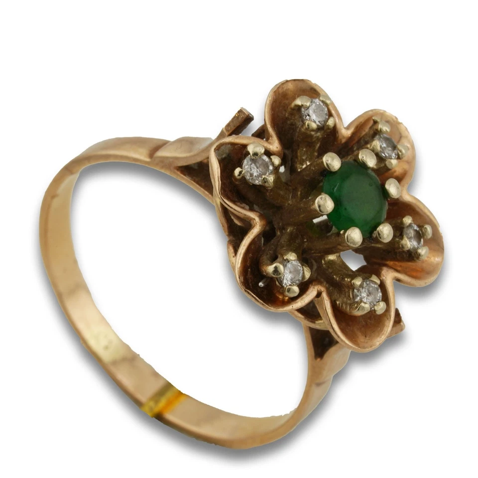 Brillant Smaragd Blumen Gold Ring 585 14 Kt Gelbgold 0,12 Ct Damen Wert 1250,- - Bild 3 von 4