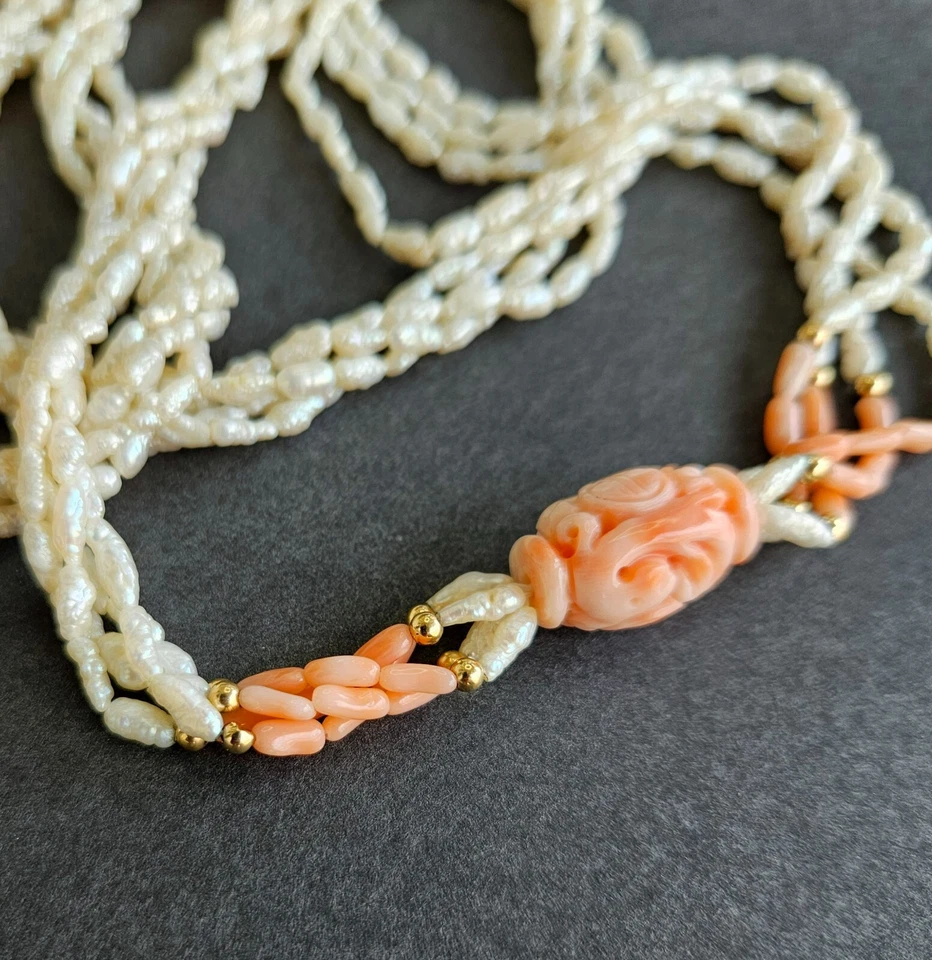Vintage Angel Skyn Coral & RICE PEARL & 14K Gold BEADS NECKLACE 111 - Image 4 of 4
