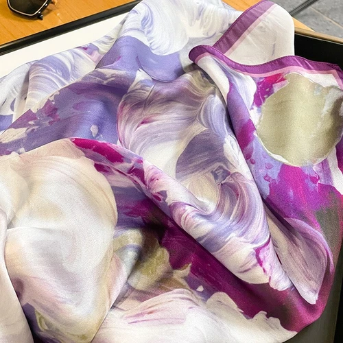 Bufanda cuadrada 100 % seda morera 27" mujer vintage pañuelo envolvente flor púrpura - Imagen 5 de 6